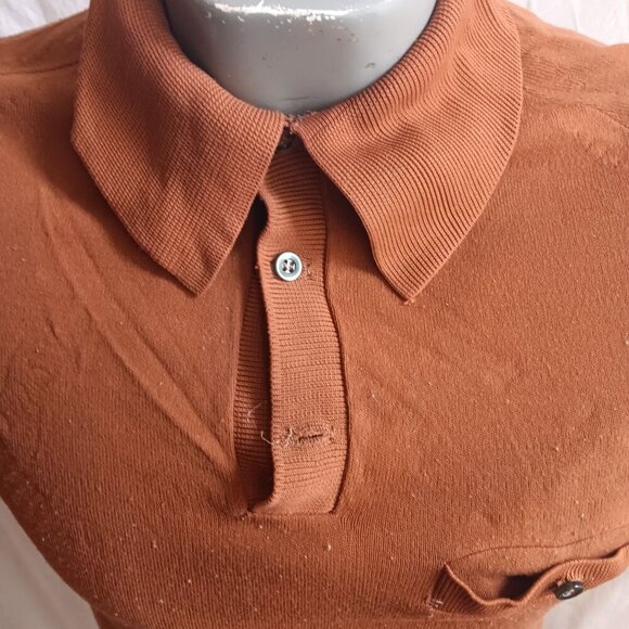 Vintage Small 70's Men's Brown Short-Sleeve Polo Shirt Pocket Acrylic Knit - Picture 3 of 5